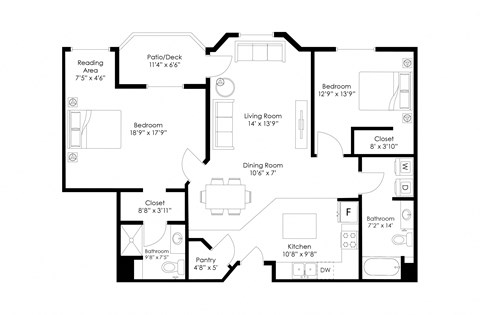 Floor plan for 2 beds, 2 baths, 1207 sqft